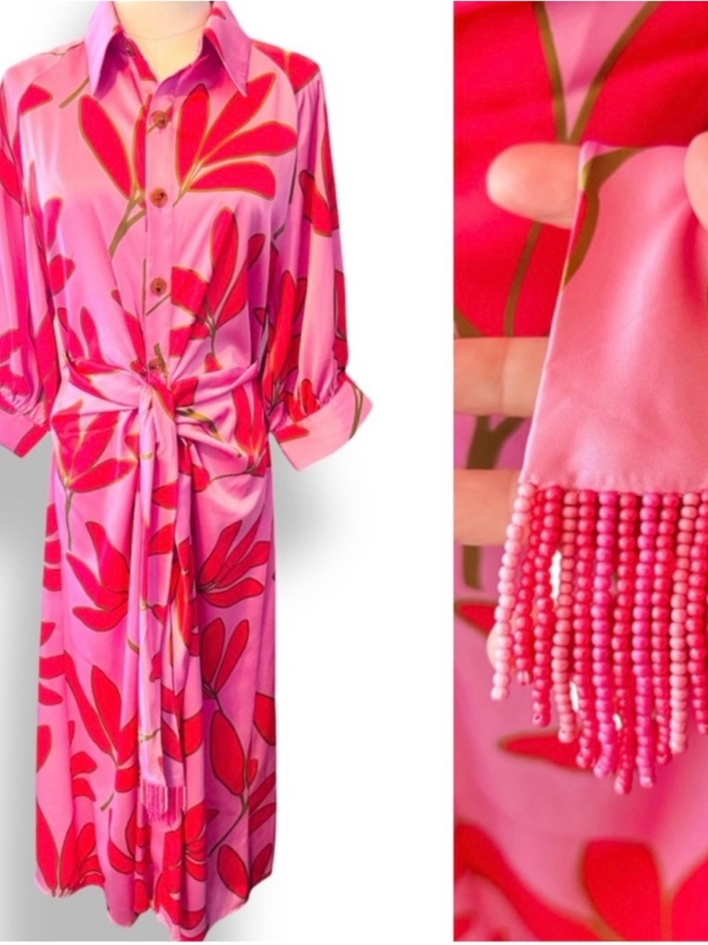 KARLIE Satin Palm Floral Pink Maxi Shirt Dress w Beaded Tassel Sash Belted Waist